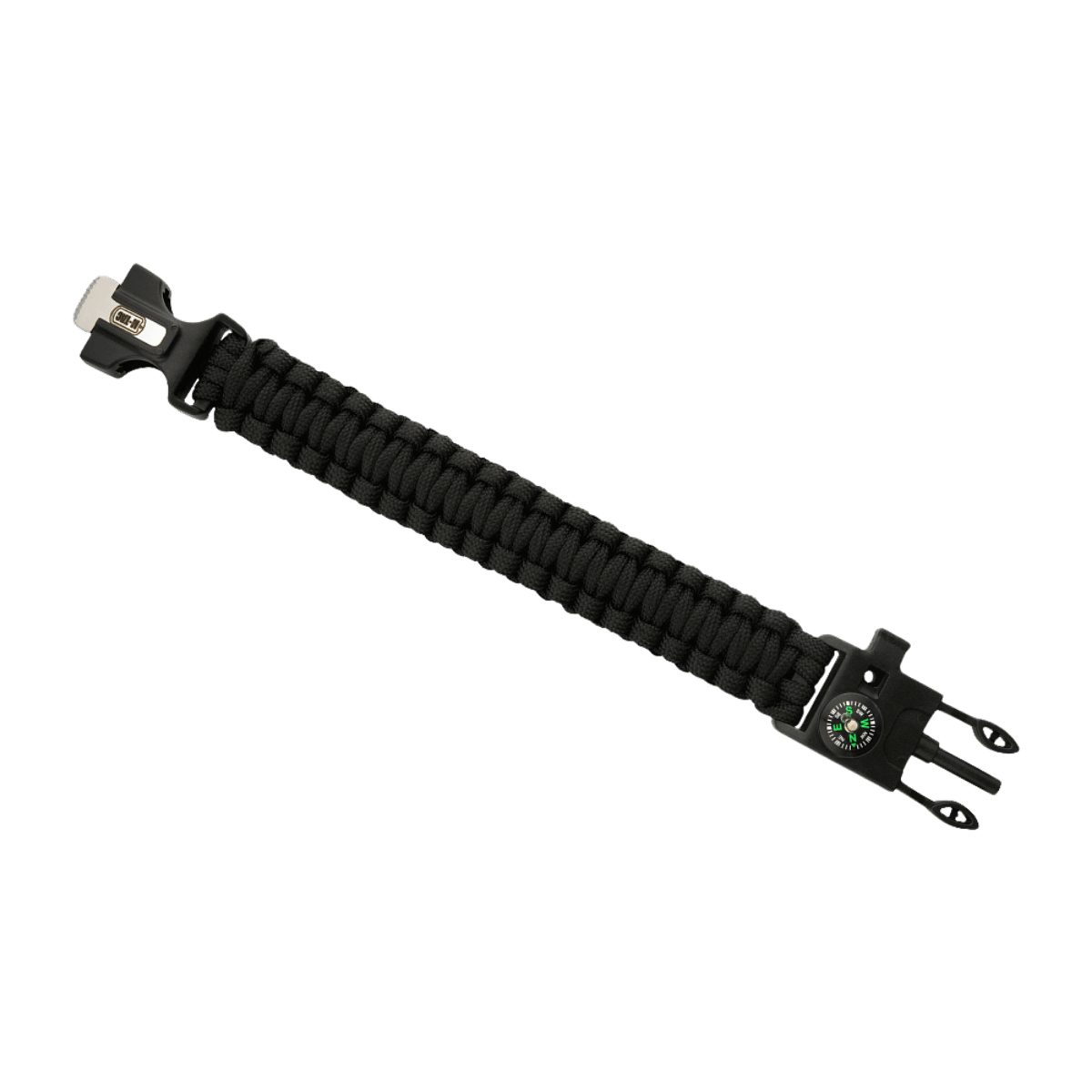 M-Tac Paracord-rannekoru sytyttimellä, kompassilla ja pillillä vaativaan ulkoiluun, musta paracord-ranneke lisätoiminnoilla.