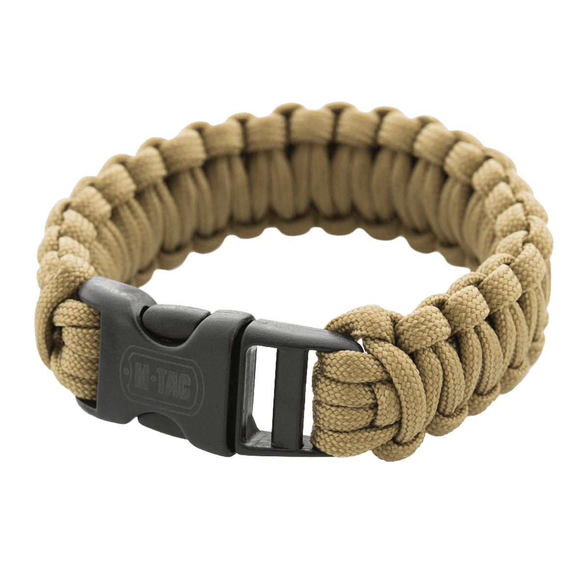 M-Tac Paracord-rannekoru beigena mustalla soljella, ihanteellinen retkeilyyn ja selviytymiseen, tukevan tyylikäs