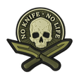 M-Tac Patch No Knife – No Life 3d PVC taktinen morale-tarra pääkallon ja veitsien kuvalla, velcro-takana, 50x50 mm