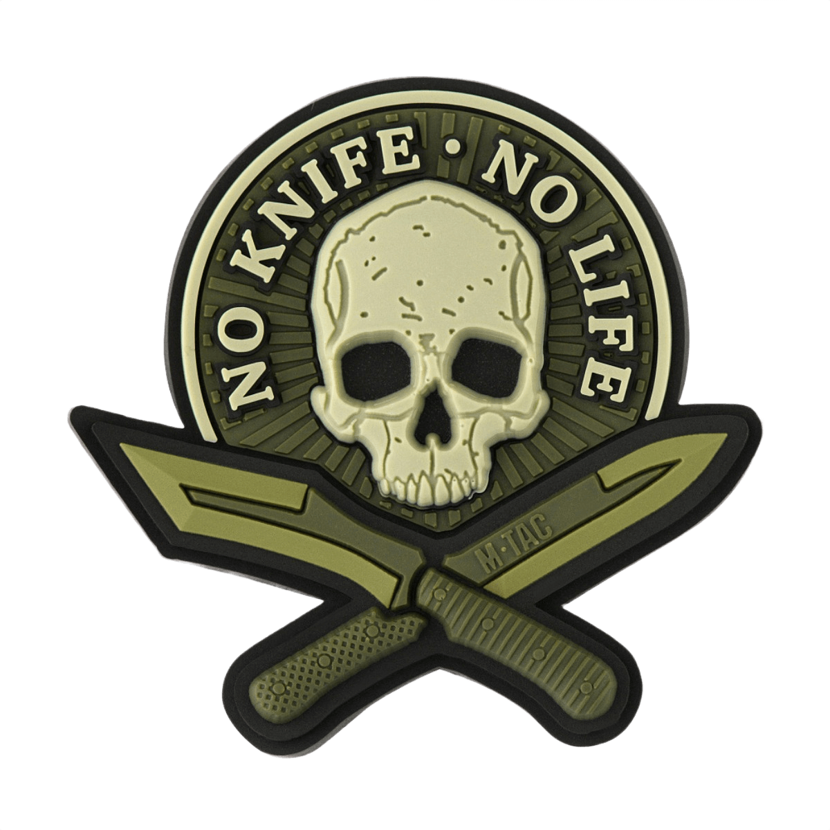 M-Tac Patch No Knife – No Life 3d PVC taktinen morale-tarra pääkallon ja veitsien kuvalla, velcro-takana, 50x50 mm