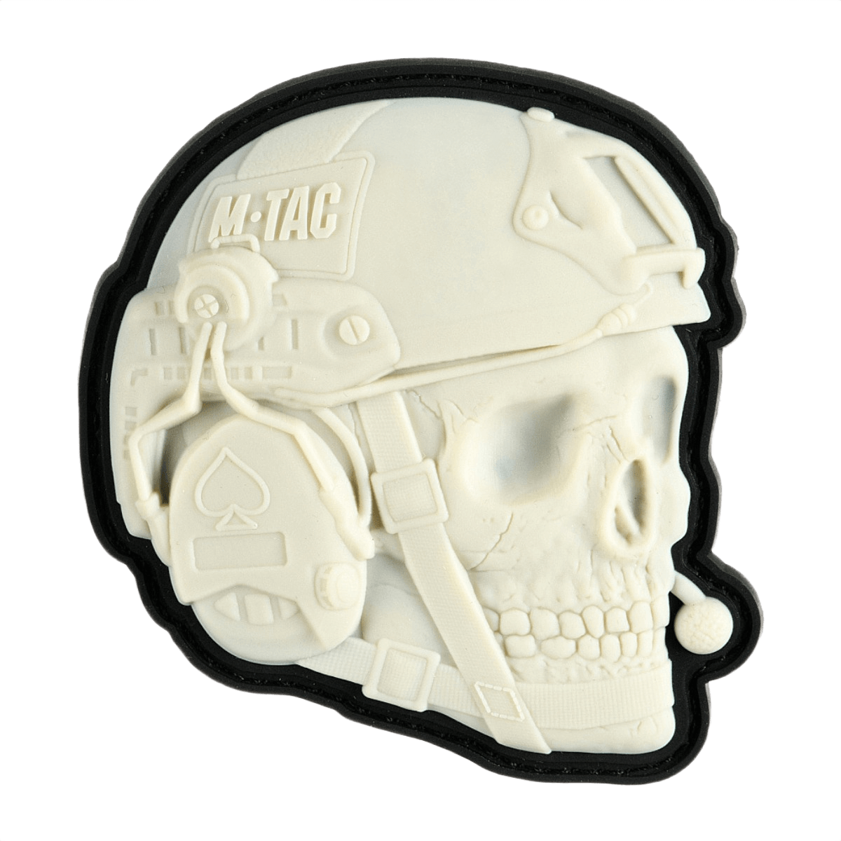 M-Tac Patch Operator 3D PVC 3D-muotoilu Velcro-kiinnityksellä, moraalimerkki vaatteisiin tai taktisiin varusteisiin, valkoinen kypärä ja kallo.