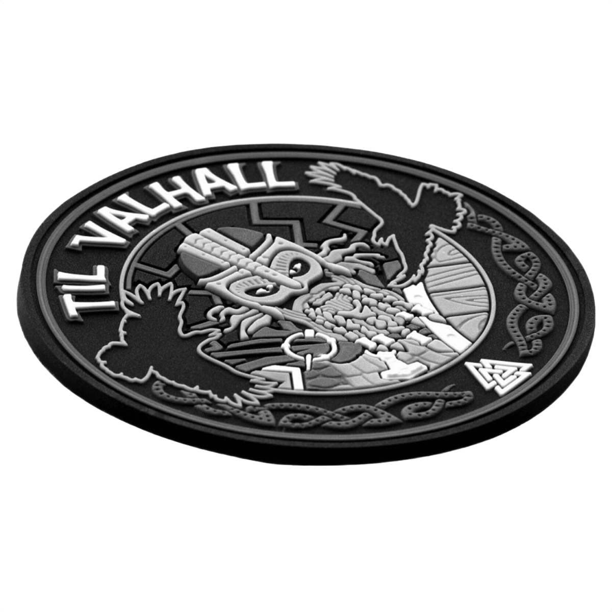 M-Tac Patch Til Valhall PVC, 3D-efekti, musta yksityiskohtaisella kuvioinnilla, kunnioittaa norjalaisia sotilaita ja TIL VALHALL -rituaalia, helppo kiinnitys Velcrolla, 80 mm.