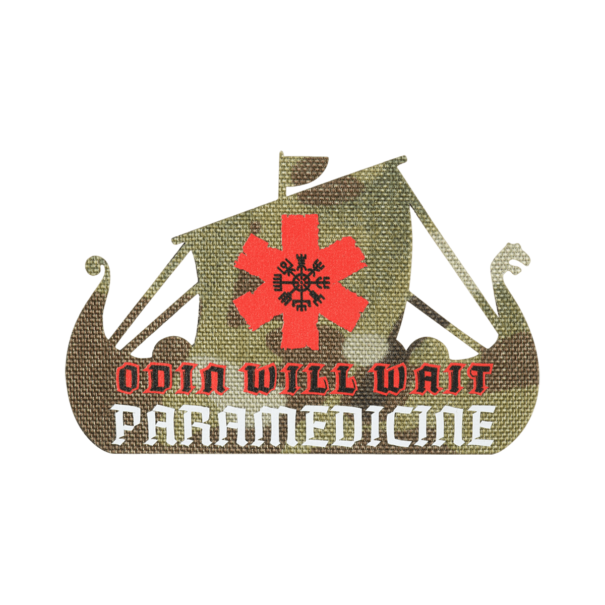 M-Tac Patch Viking Evac, jossa 'Odin Will Wait' -teksti ja ensihoitosymboli punaisena ja valkoisena. Sopii taktiseen käyttöön.