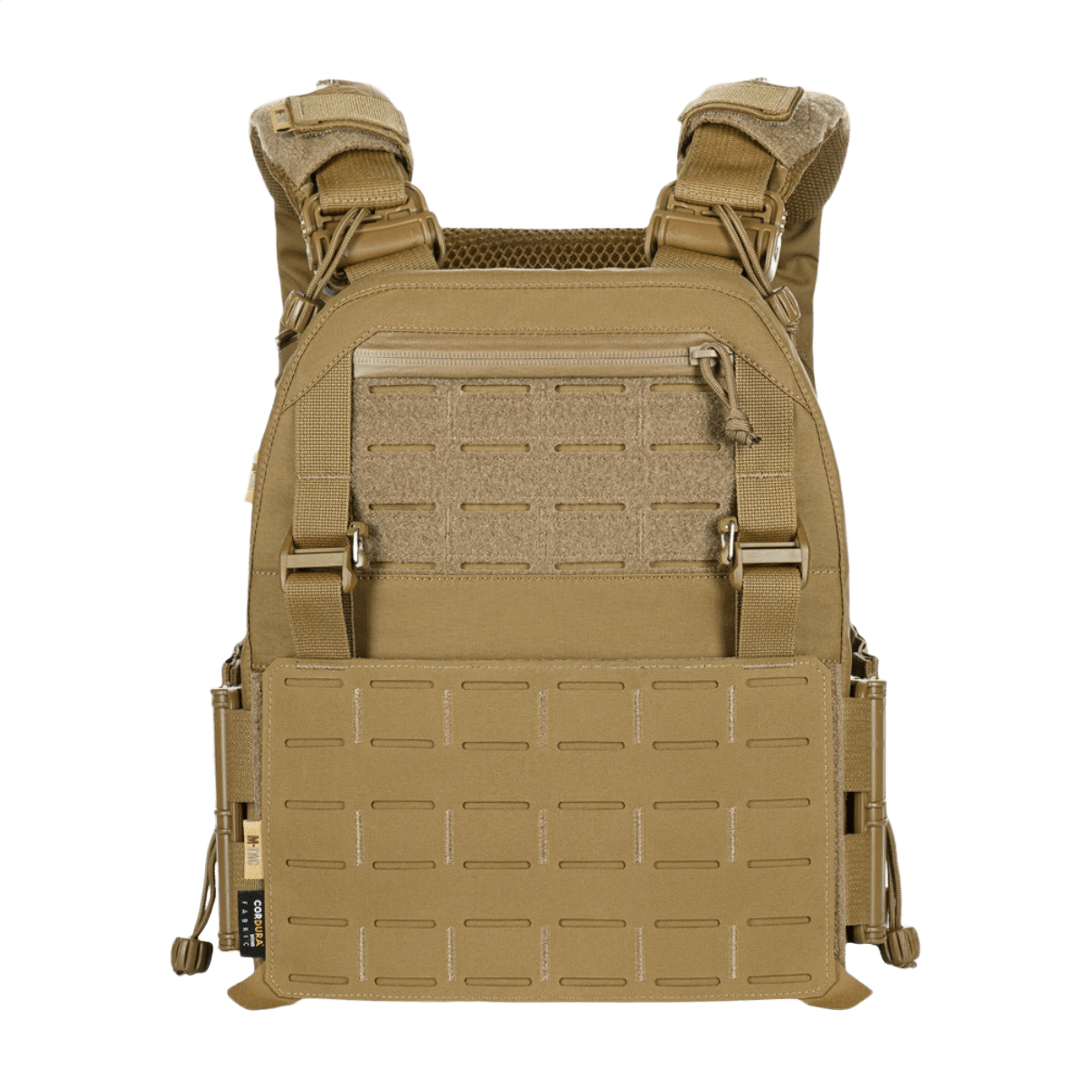 M-Tac Plate Carrier Cuirass FAST Elite Gen.II tan-värissä, Cordura 500D ja pikalukot, nähty edestä.