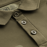 M-Tac Polo Elite Tactical Coolmax vihreänä, napit, suunniteltu turvallisuustyöhön kosteuden siirrolla ja nopeasti kuivuvilla ominaisuuksilla.