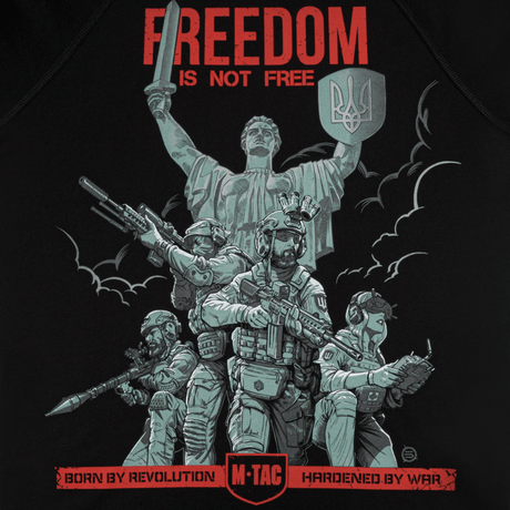 M-Tac Raglan Freedom, sotilaspainatus 'Moderlandet' edessä, symboloi voimaa ja rohkeutta. "FREEDOM IS NOT FREE". Täydellinen arkeen.