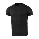 M-Tac T-Shirt Raglan Sweat-Wicking Tactical Summer, musta raglan-t-paita, täydellinen lämpimiin päiviin ja fyysiseen aktiviteettiin, nähtynä edestä.