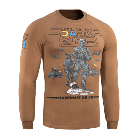 M-Tac Raglan T-Shirt UA Side ruskeana painatuksella 'Come to the Dark Side' ja sotilasaiheella, sopii arkeen. 95% puuvillaa, 5% elastaania.