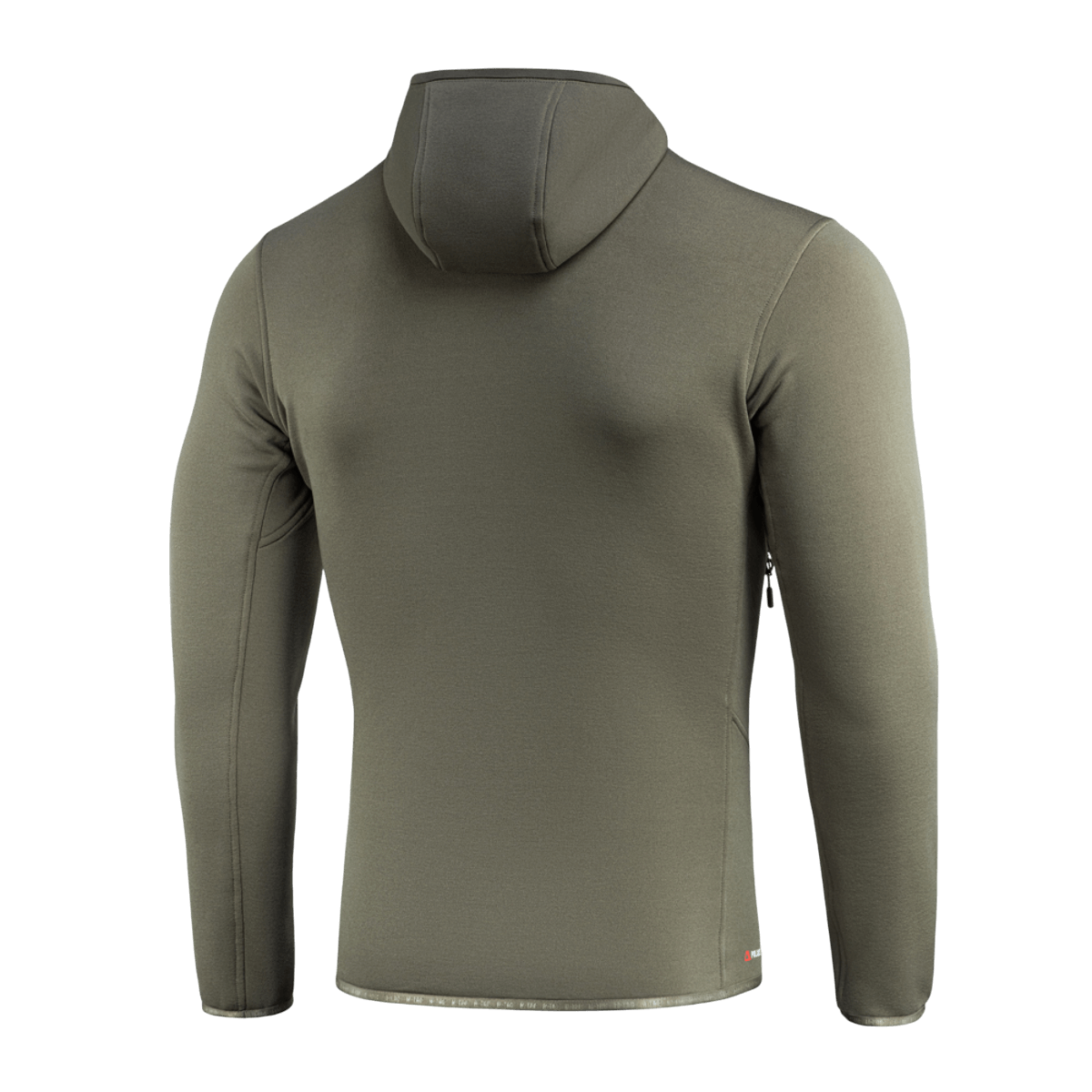 M-Tac Shadow Polartec Fleece -huppari oliivinvihreänä matalaprofiilisella hupulla, tausta takaa, valmistettu kestävästä Polartec®-materiaalista.