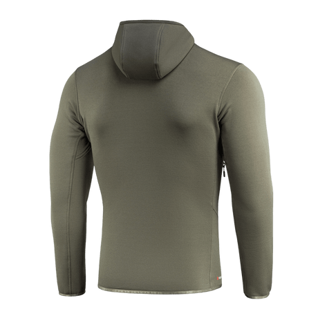 M-Tac Shadow Polartec Fleece -huppari oliivinvihreänä matalaprofiilisella hupulla, tausta takaa, valmistettu kestävästä Polartec®-materiaalista.