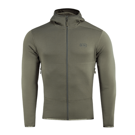 M-Tac Shadow Polartec Fleece -huppari oliivinvärisenä, valmistettu kestävästä Power Stretch Pro -fleecestä matalaprofiilisella hupulla lämmöstä ja toiminnallisuudesta.