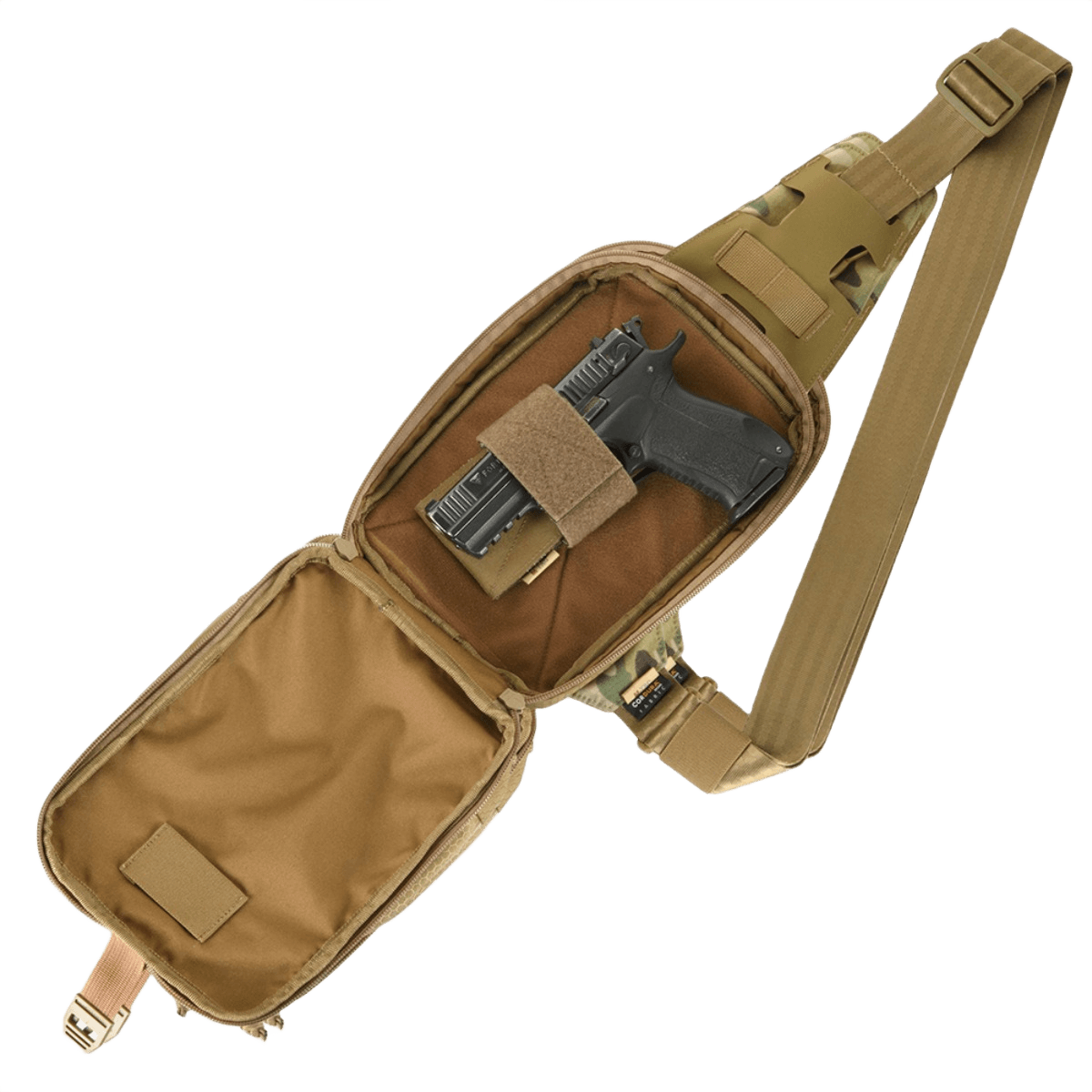 M-Tac Sling -pistoolilaukku Elite Hex Velcro piilotettuun kantoon, valmistettu kestävästä Cordurasta, säädettävä hihna, neljä lokeroa ja Velcro-etupaneeli.