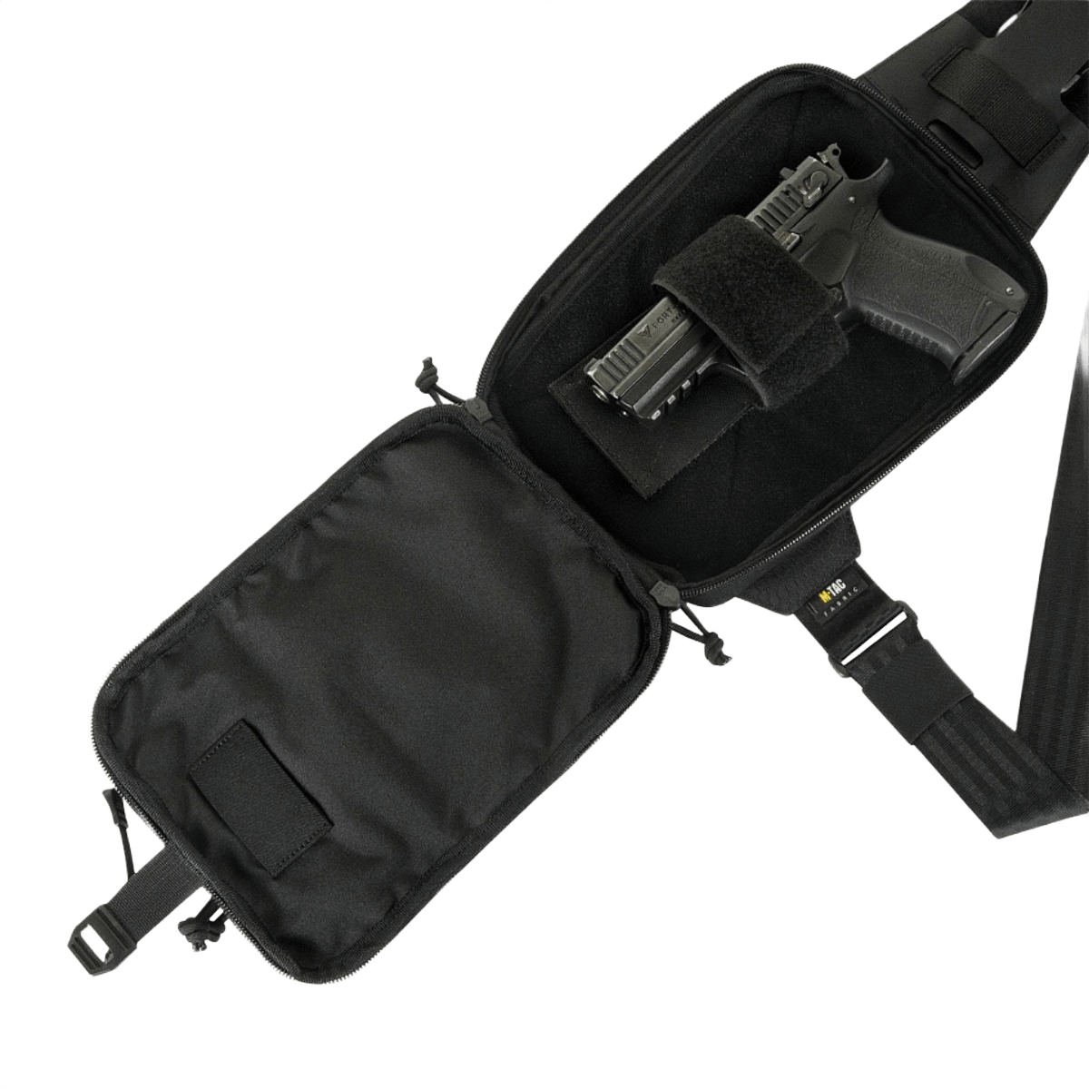 M-Tac Sling Pistol Taske Elite Hex, Velcro auki pistooli sisällä, säädettävä olkahihna ja kestävä materiaali.