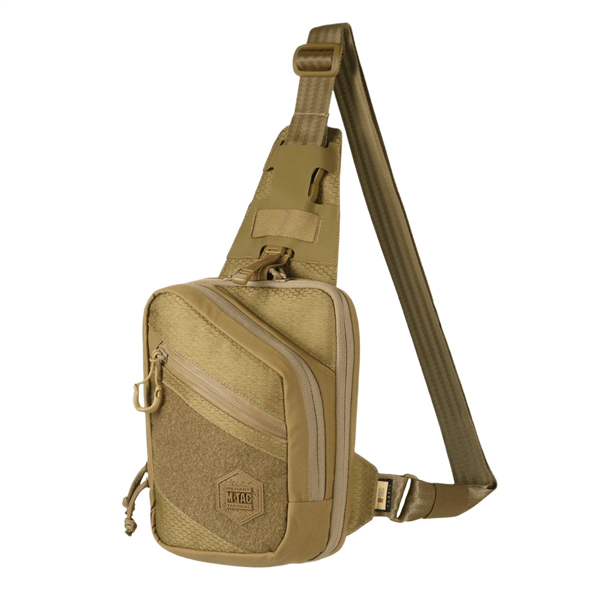 M-Tac Sling -pistoolilaukku Elite Hex Velcro kestävässä Cordura-kankaassa, säädettävä remmi ja Velcro-paneeli merkeille.