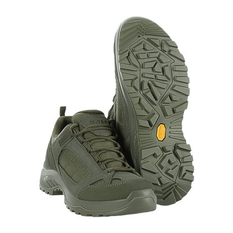 M-Tac Sneakers Tactical Demi-Season Pro Line oliivinvihreänä, Vibram-pohjalla, suunniteltu taktisiin toimiin ja ulkoiluseikkailuihin.