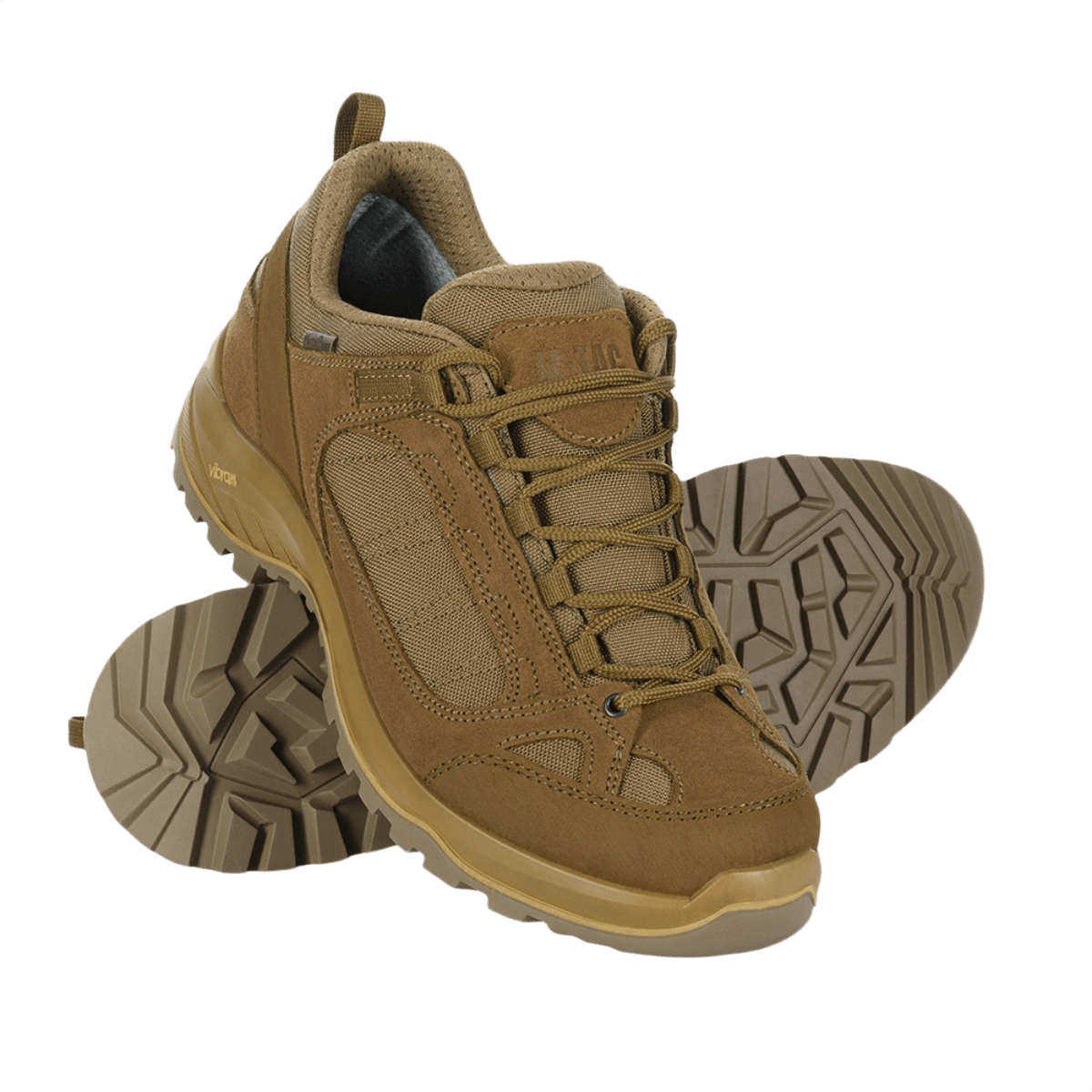 M-Tac Sneakers Tactical Demi-Season Pro Line ruskeana, suede ja Cordura, joustava Vibram-pohja mukavuutta ja kestävyyttä ajatellen.