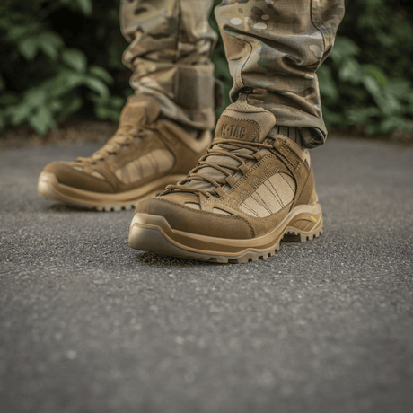 M-Tac Sneakers Tactical Demi-Season Pro Line ruskeana, suede- ja Cordura-päällisillä ja Vibram-pohjalla harjoitteluun ja taktisiin aktiviteetteihin.