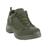 M-Tac Sneakers Tactical Demi-Season Pro Line -kengät oliivinvihreänä, näyttävät kestävän suede- ja Cordura-päällisen sekä Vibram-pohjan.