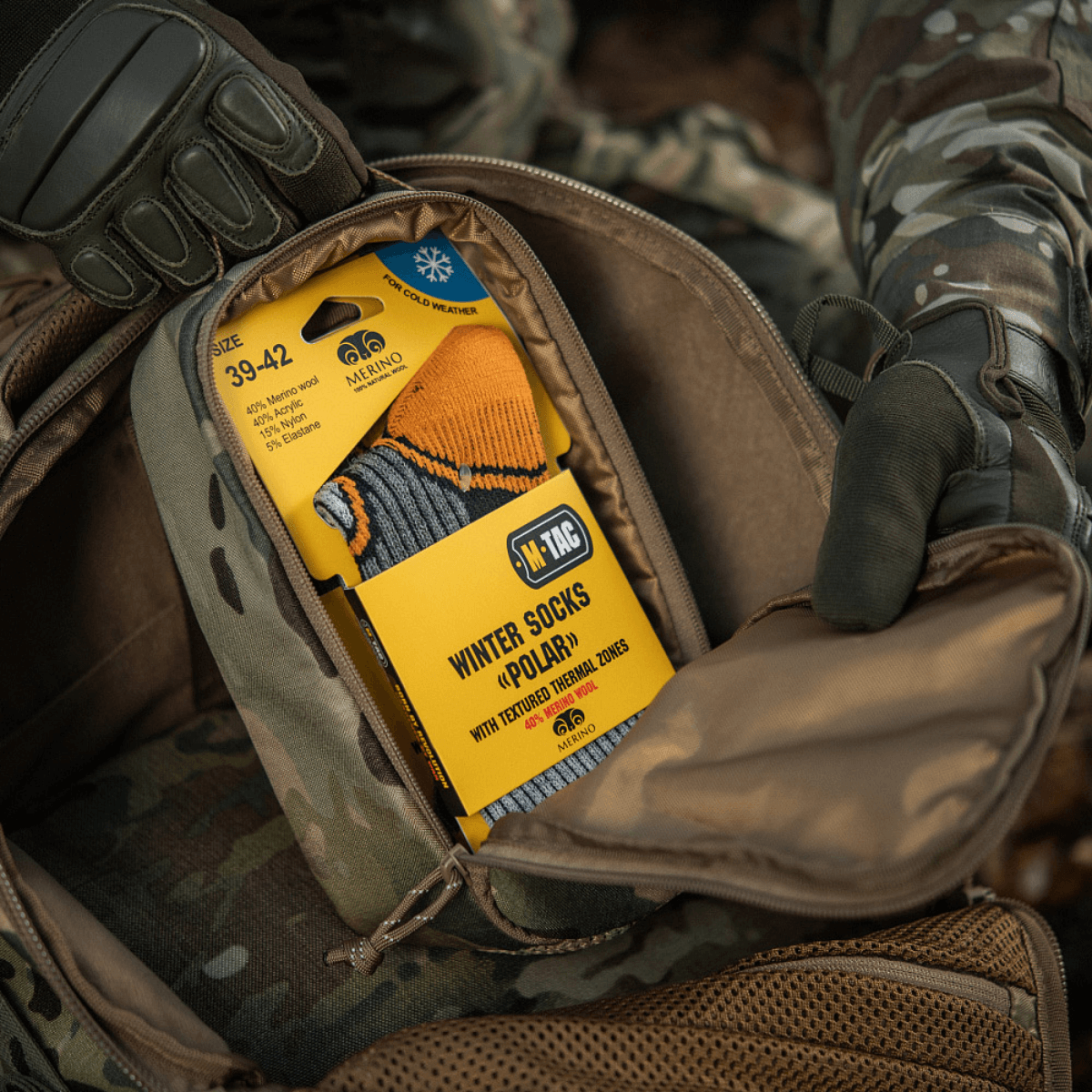 M-Tac-sukat Polar Merino 40% camouflagelaukussa ulkoiluun — lämpö, mukavuus ja kestävyys.