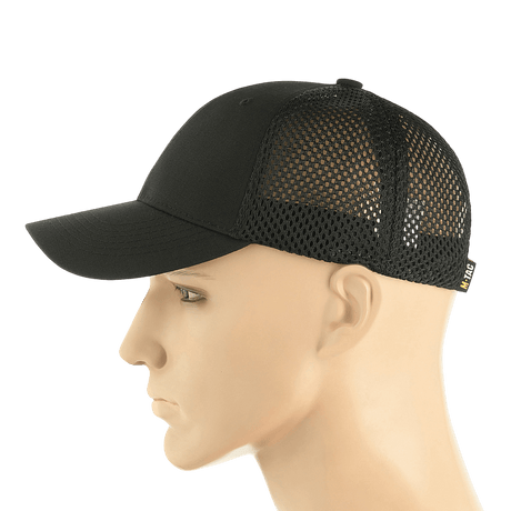 Musta M-Tac Mesh Flex Ripstop Baseball Cap ripstop-etuosalla ja mesh-paneeleilla, säädettävä Velcro-nauha ja kiinteä lippa ulkokäyttöön.