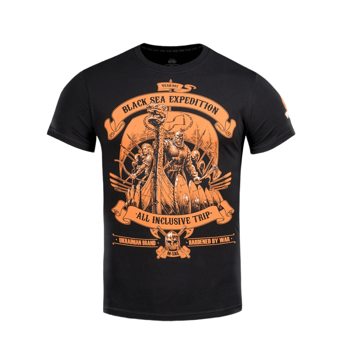 M-Tac T-shirt Black Sea Expedition musta oranssilla printillä, sopii arkeen ja ulkoiluun kuten metsästykseen ja kalastukseen