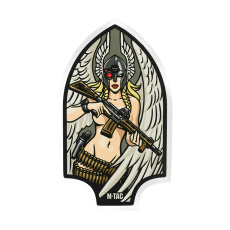 M-Tac Sticker Valkyrie sotajumalatar normannityylisessä kypärässä ja M4-kivääri, Arrowhead-patchin muotoinen.