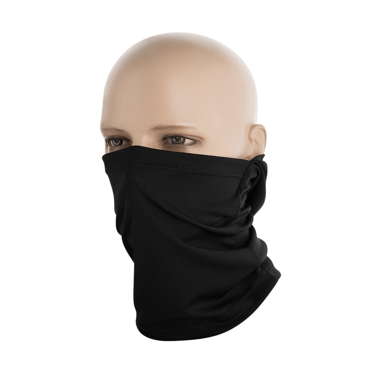 M-Tac Sweating Ninja-Balaclava, musta, mallipään päällä, suojaa hengitysteitä ja pitää ihon kuivana ulkoilussa