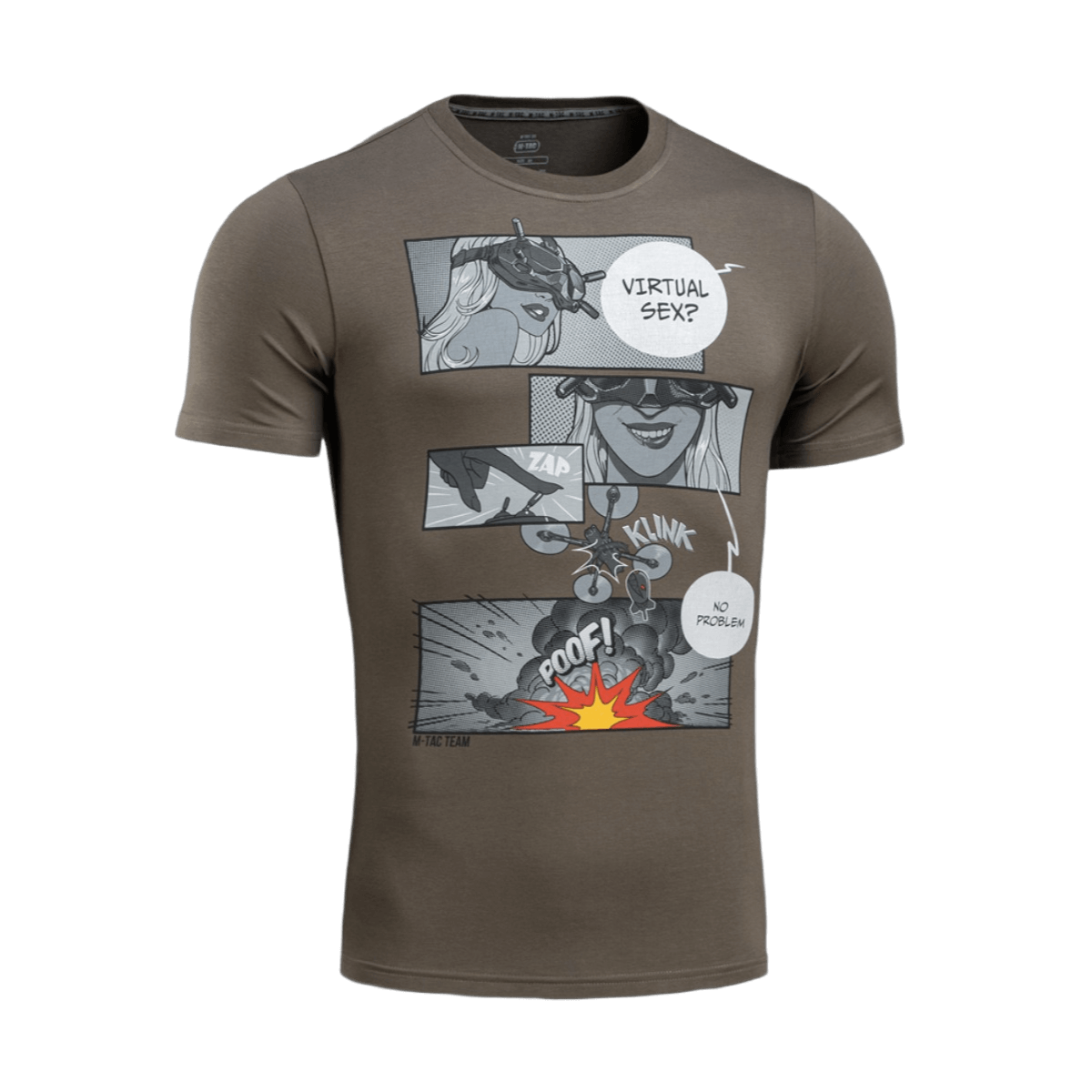 Ruskea M-Tac T-Shirt Comics Drone Girl, sarjakuvaprintti en dronepilotista, joka symboloi voimaa ja tehokkuutta.