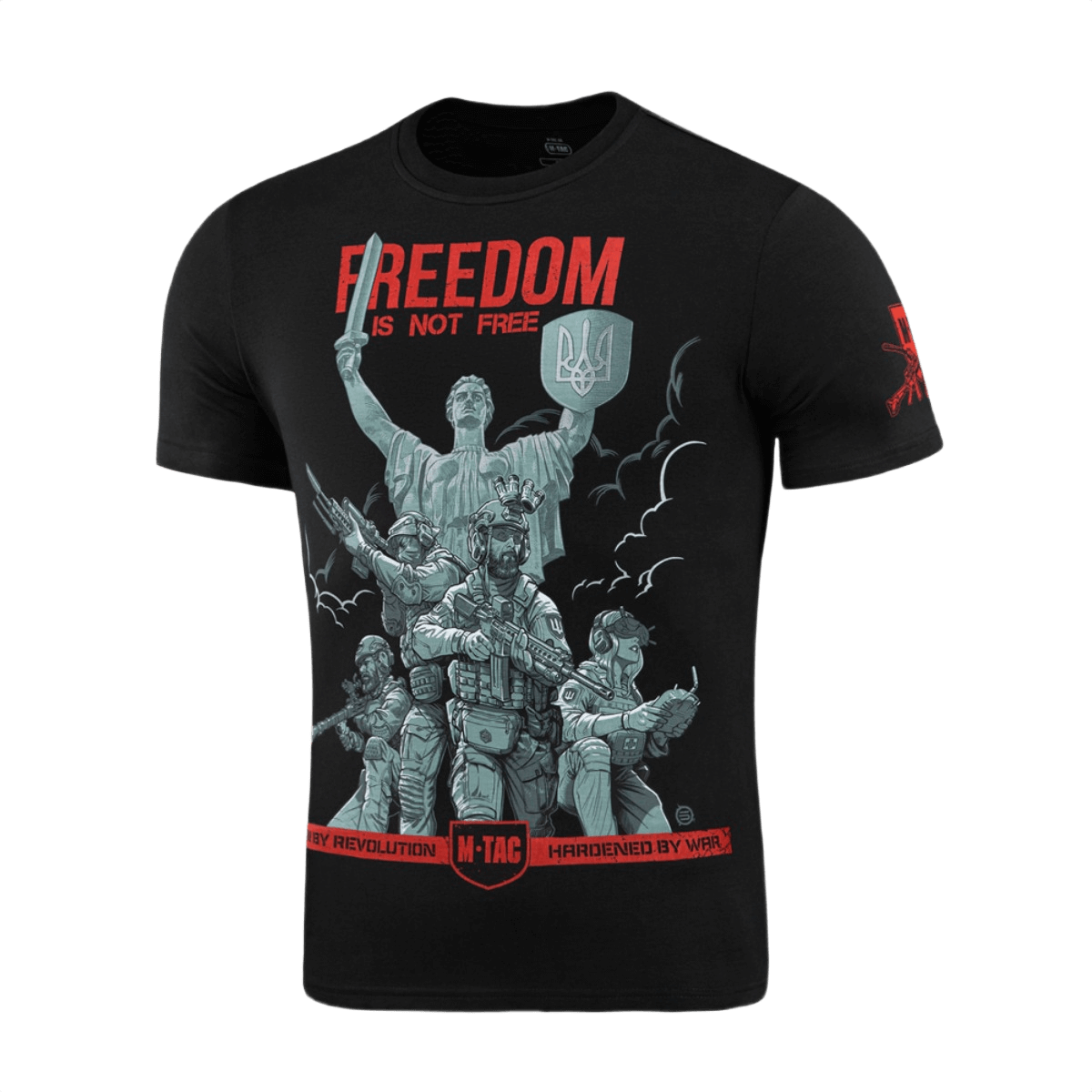 M-Tac T-Shirt Freedom mustana, printti sotilaista ja äitiyssymboliikasta, korostaa ukrainalaista rohkeutta ja vapautta.