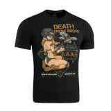 M-Tac T-Shirt Delivery Service pin-up-tytöllä ja drone-kuviolla, amerikkalaisesta WWII-kulttuurista inspiroitunut, teksti 'Death from Above'.
