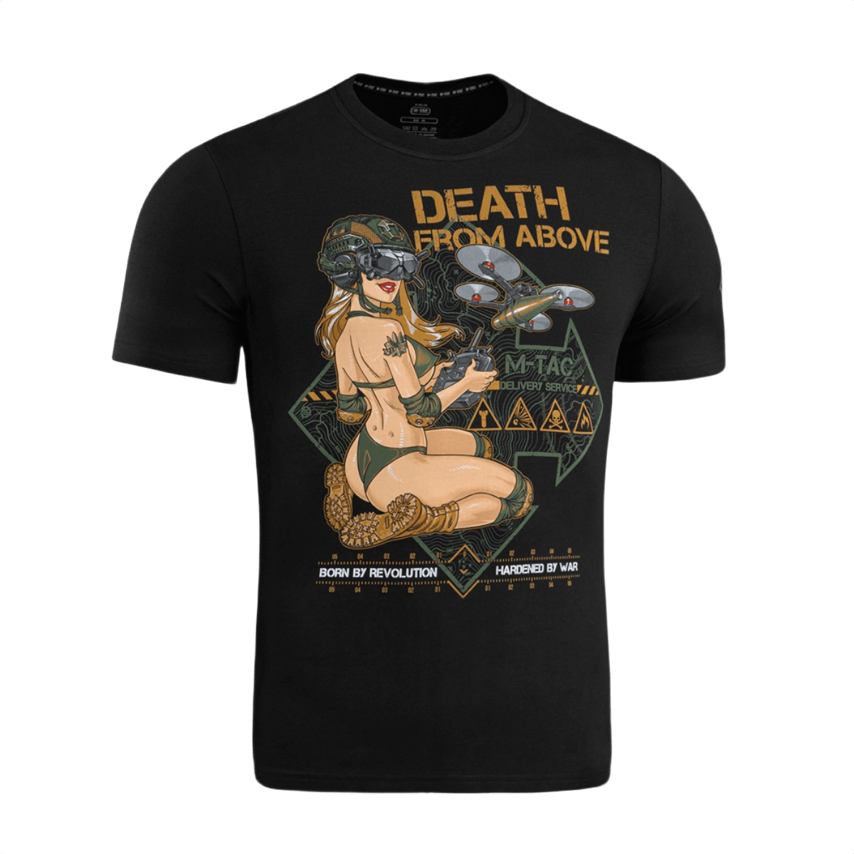 M-Tac T-Shirt Delivery Service pin-up-tytöllä ja drone-kuviolla, amerikkalaisesta WWII-kulttuurista inspiroitunut, teksti 'Death from Above'.