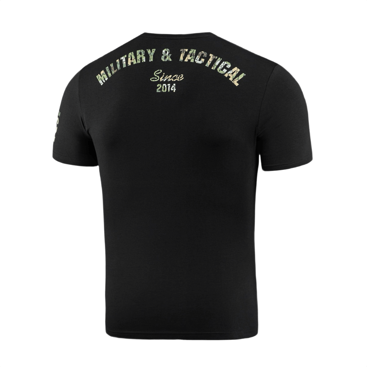 M-Tac T-Shirt Logo, sotilaallinen ja taktinen slogan, camoprintti, ikoninen logo ja brändin historia vuodesta 2014.