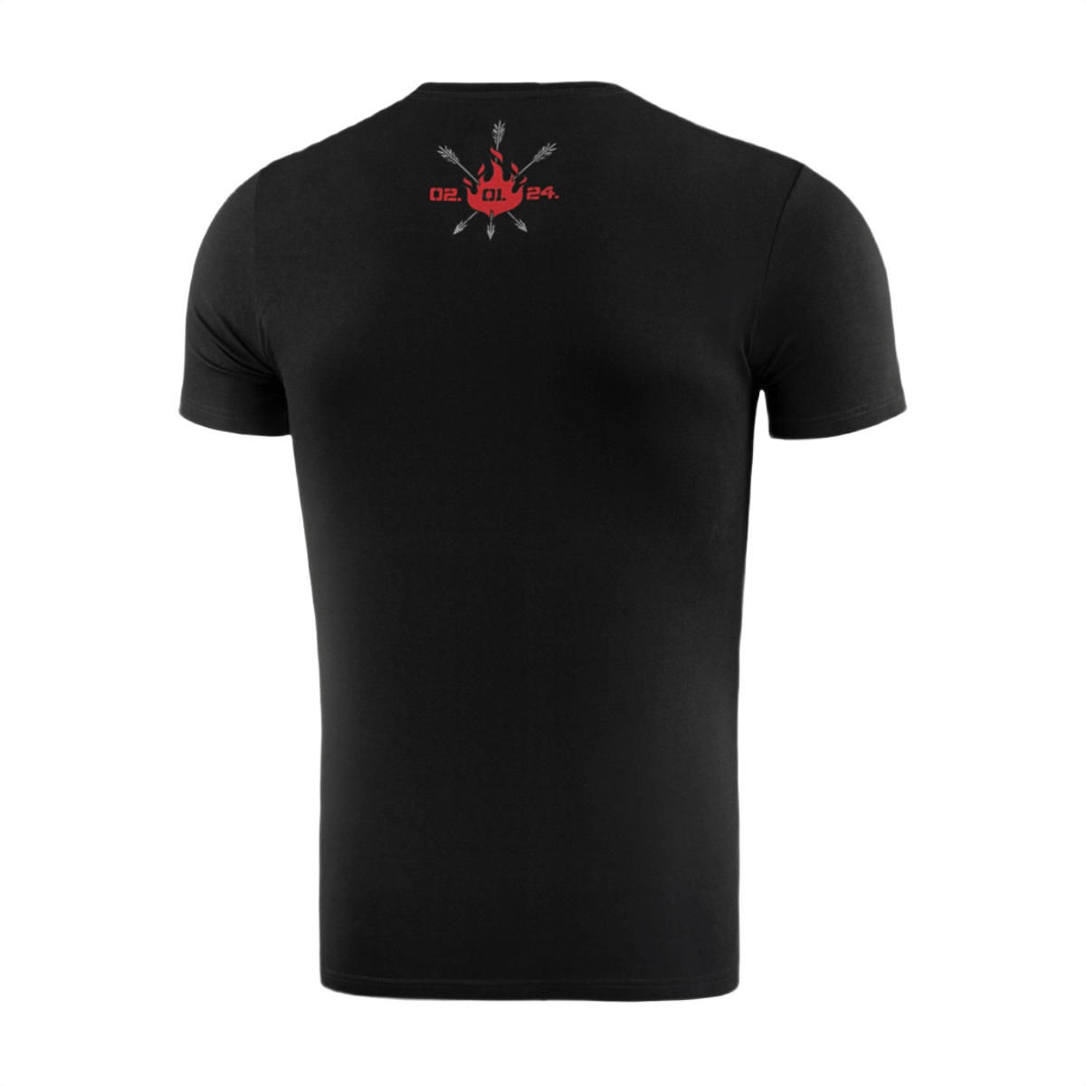 M-Tac T-Shirt Phoenixin takapuoli liekeillä, ristikkäisillä nuolilla ja päivämäärällä 02.01.24, symboloi uudelleensyntymää ja voimaa.