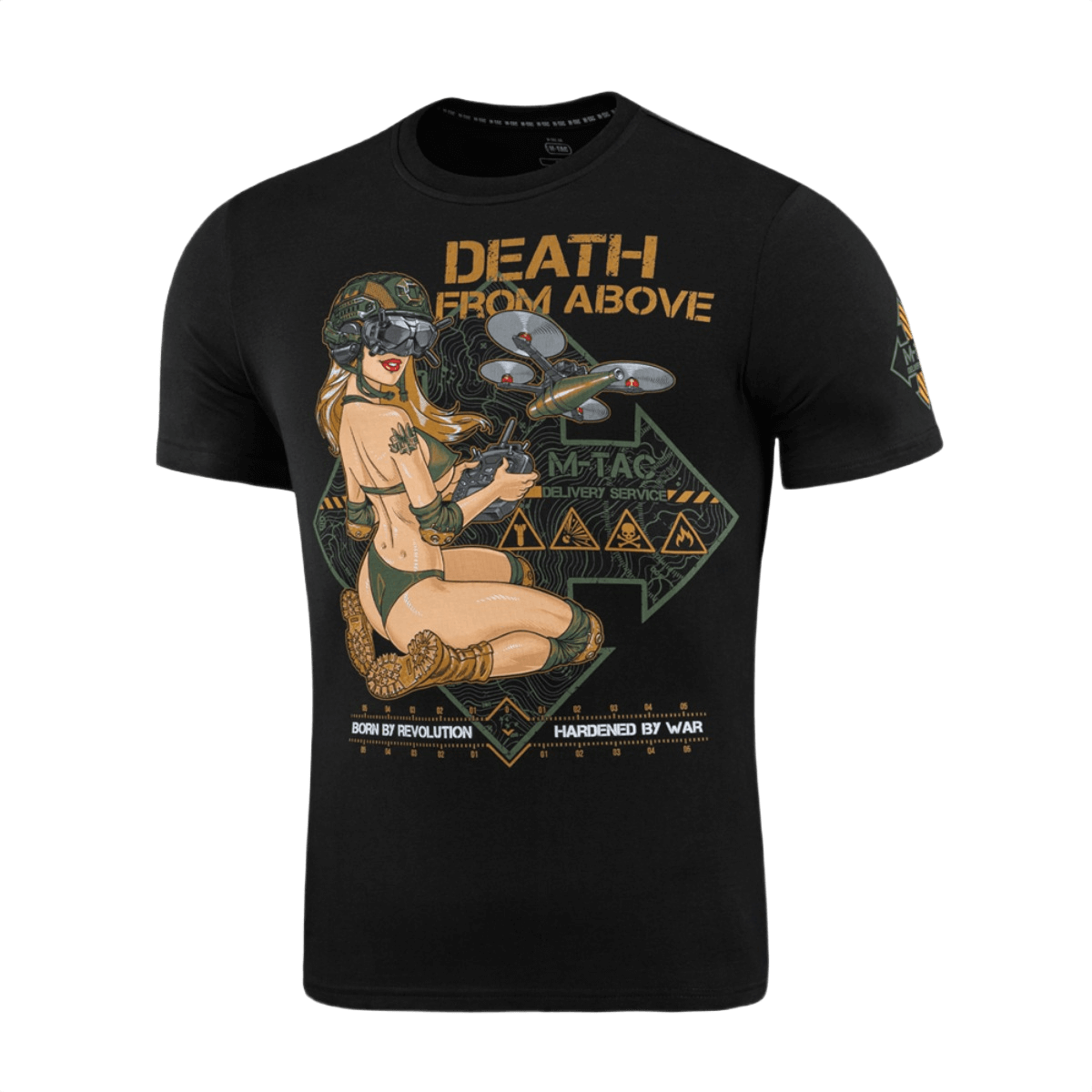 M-Tac T-Shirt Delivery Service, Pin-up-kulttuurista inspiroitu drone-kuvio ja teksti 'Death from Above' amerikkalaisessa WWII-tyylissä.