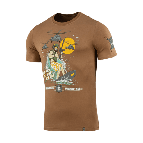 M-Tac T-Shirt Surf Club ikoninen painatus: erikoisjoukkojen sotilas surffilaudalla, helikopterit taustalla; ruskea väri.