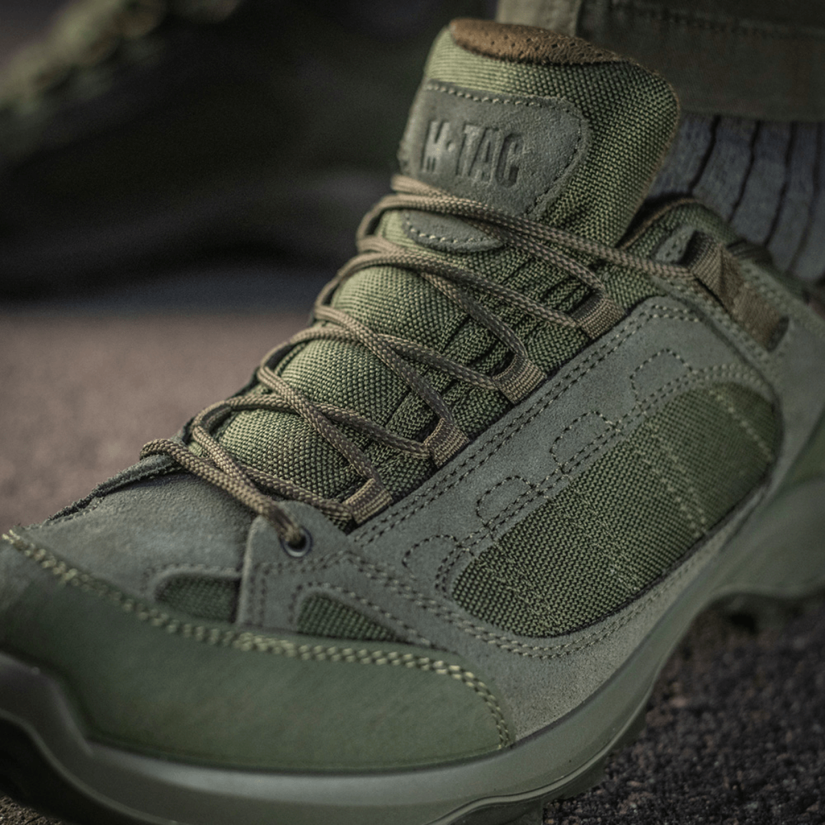 M-Tac Tactical Sneakers Demi-Season – kevyt ja mukava oliivinvihreä nahka-Cordura-yhdistelmä, sopii retkeilyyn ja ulkoiluun.