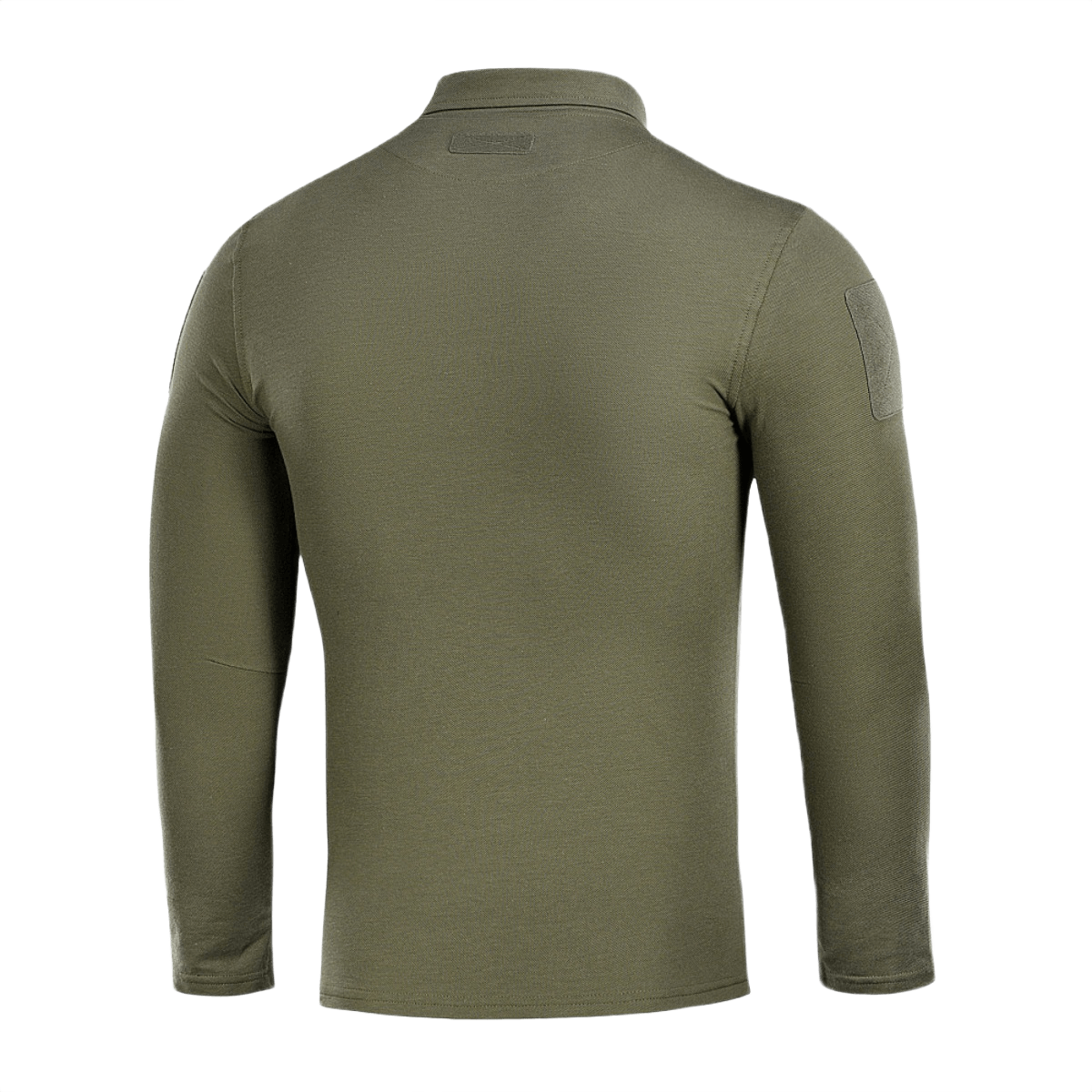 M-Tac Tactical Polo Shirt pitkähiha 65/35 takaa nähtynä, vihreä, suunniteltu poliisi- ja turvallisuushenkilöstölle, näyttää hihat Velcro-panelilla