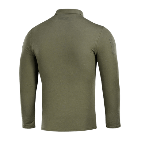 M-Tac Tactical Polo Shirt pitkähiha 65/35 takaa nähtynä, vihreä, suunniteltu poliisi- ja turvallisuushenkilöstölle, näyttää hihat Velcro-panelilla