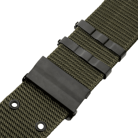 Lähikuva M-Tac pistoolivyöstä vihreää nailonia ja muovisolki, BSS/A.L.I.C.E.-järjestelmän inspiroima. Taktinen ja kestävä muotoilu.