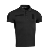Musta M-Tac Tactical Polo Shirt 65/35 Velcro-paneeleilla merkeille ja tunnisteille, suunniteltu poliisi- ja turvallisuustyöhön, puuvilla/polyesteri
