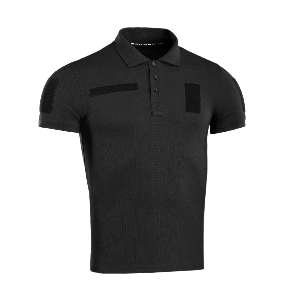 Musta M-Tac Tactical Polo Shirt 65/35 Velcro-paneeleilla merkeille ja tunnisteille, suunniteltu poliisi- ja turvallisuustyöhön, puuvilla/polyesteri