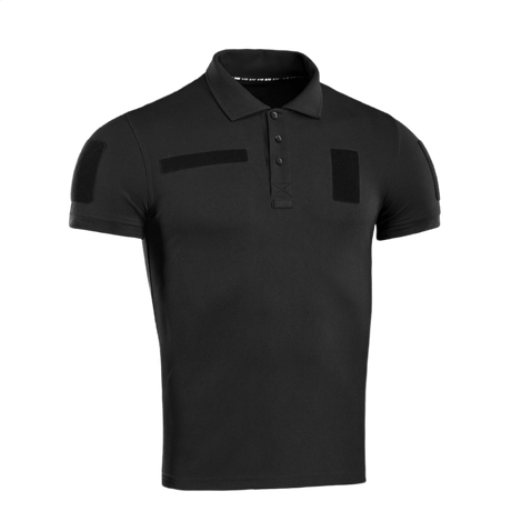 Musta M-Tac Tactical Polo Shirt 65/35 Velcro-paneeleilla merkeille ja tunnisteille, suunniteltu poliisi- ja turvallisuustyöhön, puuvilla/polyesteri