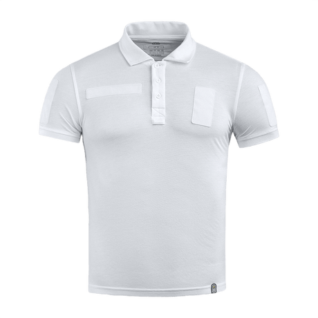 M-Tac Tactical Polo Shirt 65/35 valkoinen Velcro-paneeleilla univormuihin, poliisille ja turvallisuustyöhön. Valmistettu 65 % puuvillasta ja 35 % polyesteristä