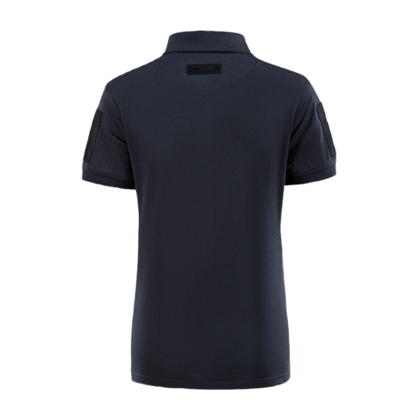 M-Tac Tactical Polo-Shirt 65/35 Lady takaa nähtynä, musta, mukava puuvilla-polyester, naisellinen istuvuus, Velcro hihoissa ja selässä.