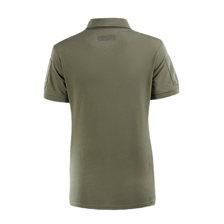 M-Tac Tactical Polo-Shirt 65/35 Lady oliivinvihreänä takaa, Velcro hihoissa, mukava ja kestävä puuvilla-polyester-sekoitus.