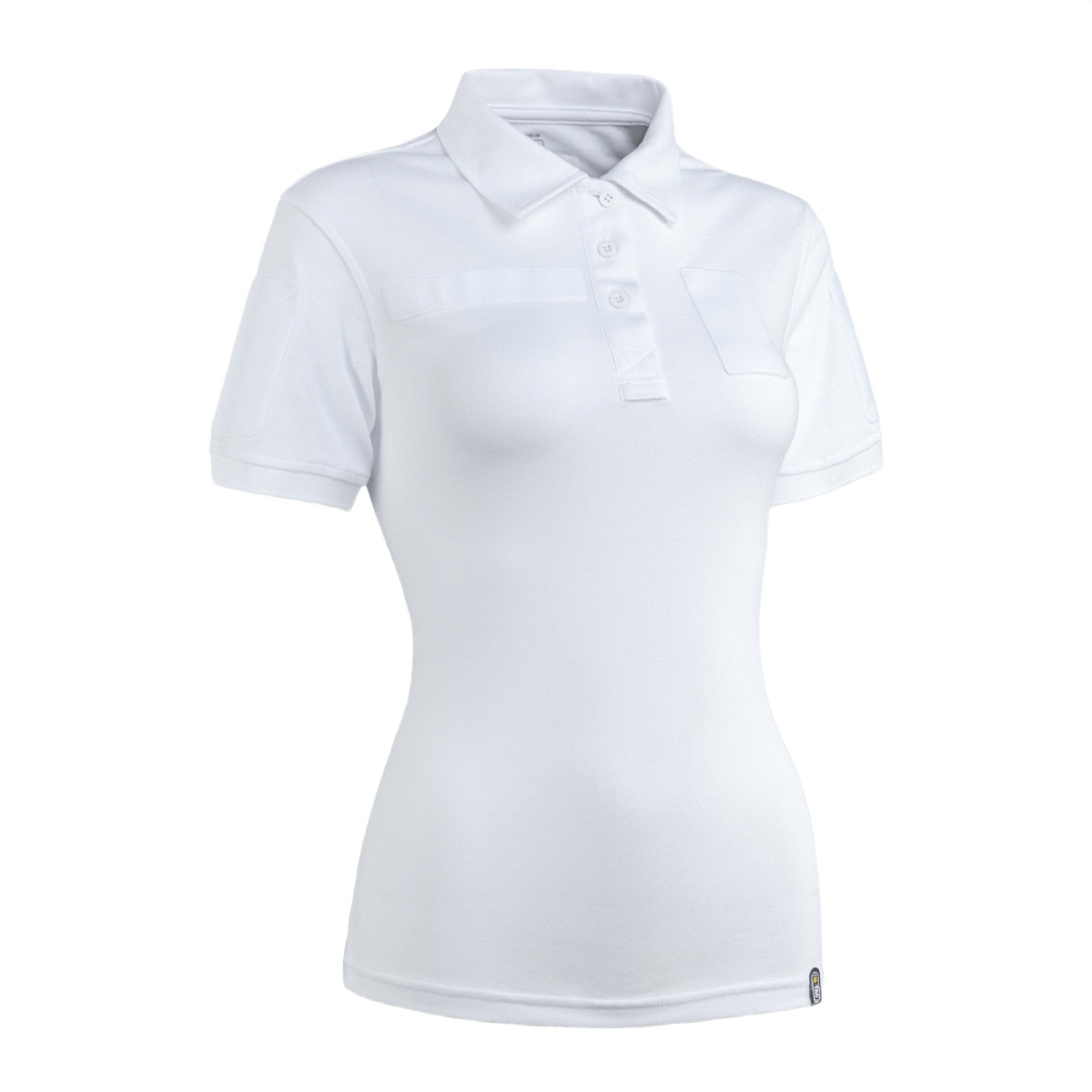 M-Tac Tactical Polo-Shirt 65/35 Lady valkoisena naisille, mukava puuvilla-polyester-sekoitus, Velcro hihoissa, rinnassa ja selässä.