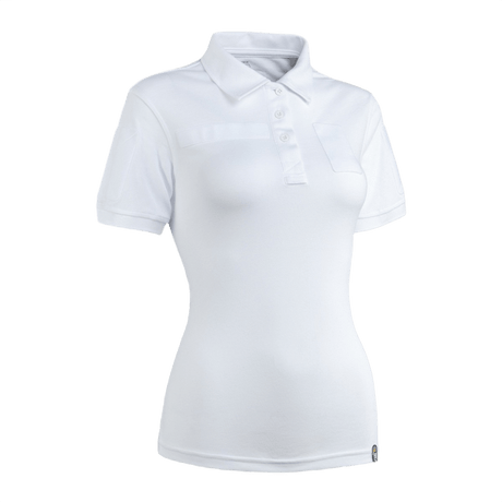 M-Tac Tactical Polo-Shirt 65/35 Lady valkoisena naisille, mukava puuvilla-polyester-sekoitus, Velcro hihoissa, rinnassa ja selässä.