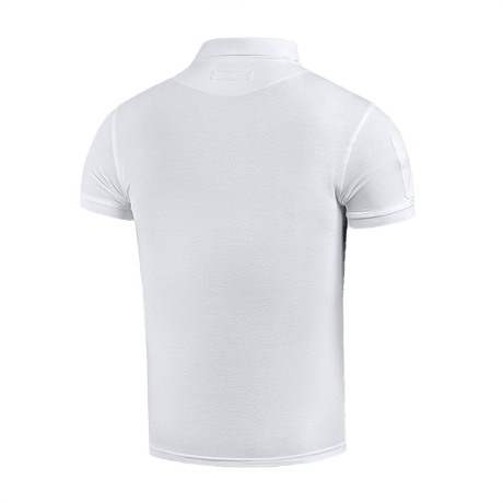 M-Tac Tactical Polo Shirt 65/35 poliiseille ja turvallisuuteen, valkoinen Velcro-paneeleilla merkeille, takaa näkymä