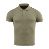 M-Tac Tactical Polo Shirt 65/35 oliivinvihreä Velcro-paneeleilla, sopii poliisi- ja turvallisuustyöhön, puuvilla-polyester-sekoitus mukavuuteen ja kestävyyteen