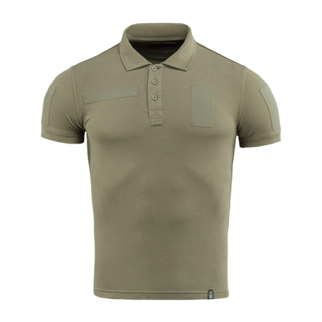M-Tac Tactical Polo Shirt 65/35 oliivinvihreä Velcro-paneeleilla, sopii poliisi- ja turvallisuustyöhön, puuvilla-polyester-sekoitus mukavuuteen ja kestävyyteen